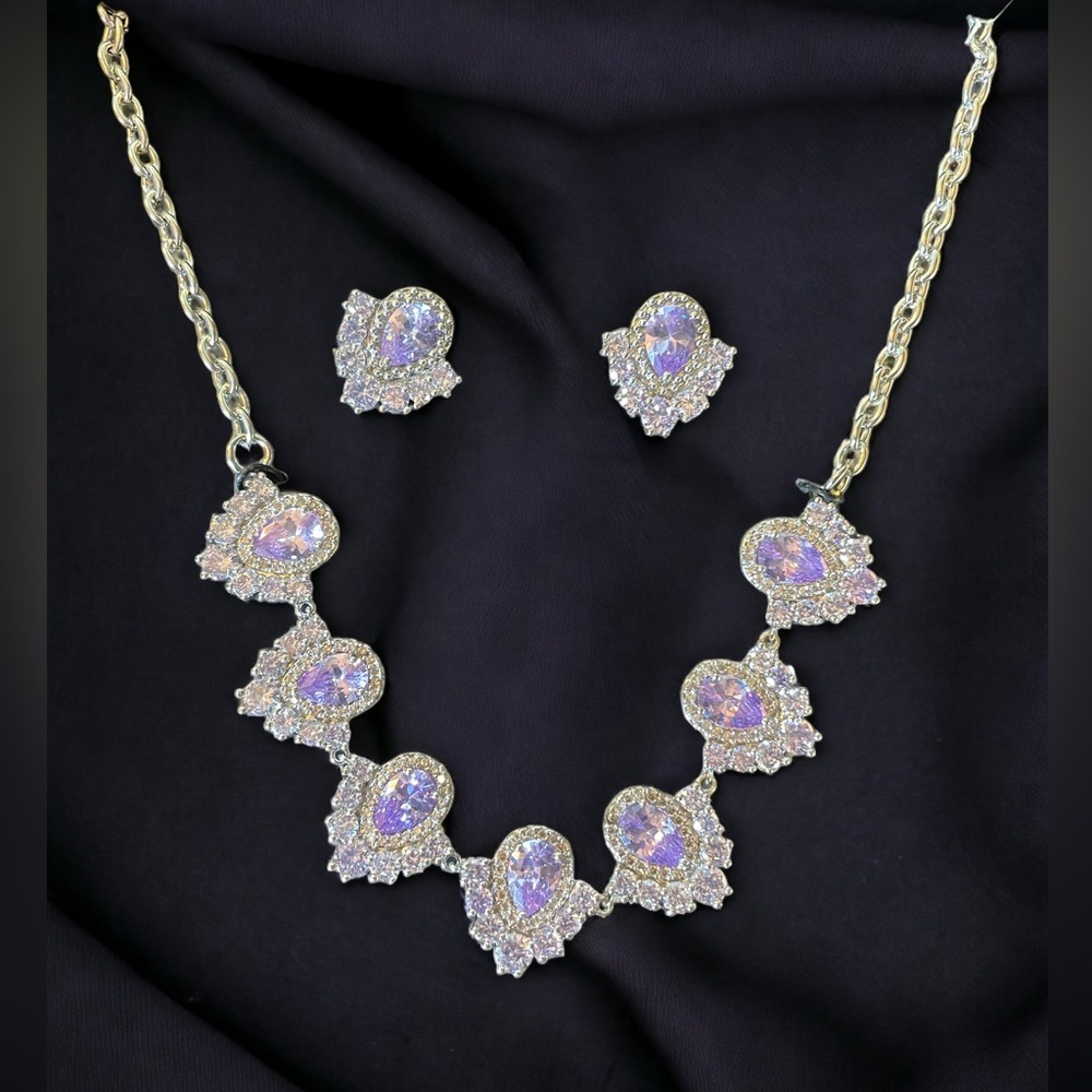 Amethyst Cubic Zirconia Necklace and Earrings Set Silver Toned